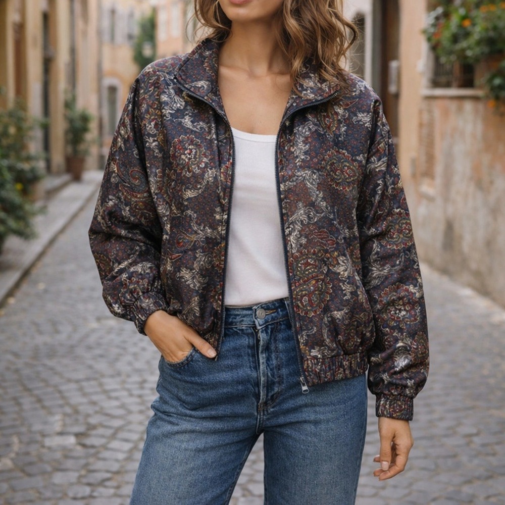 Vintage Silk Paisley Bomber Jacket Boho Folk Statement Zip Jacket Unisex Y2K